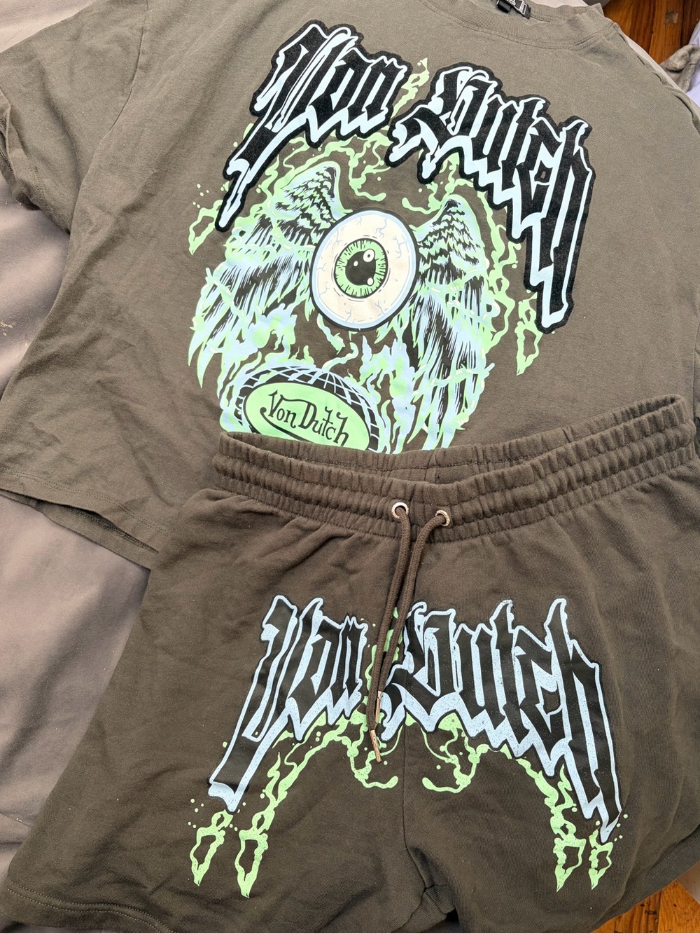 Von Dutch Olive Green Graphic Drawstring Athletic Shorts